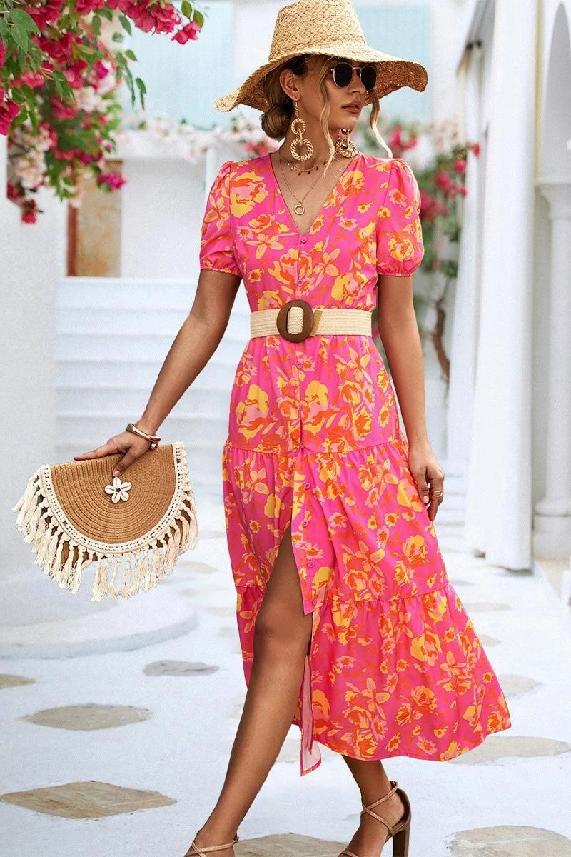 Refined Line FLORAL PRINTING WOMEN SLIT DRESS