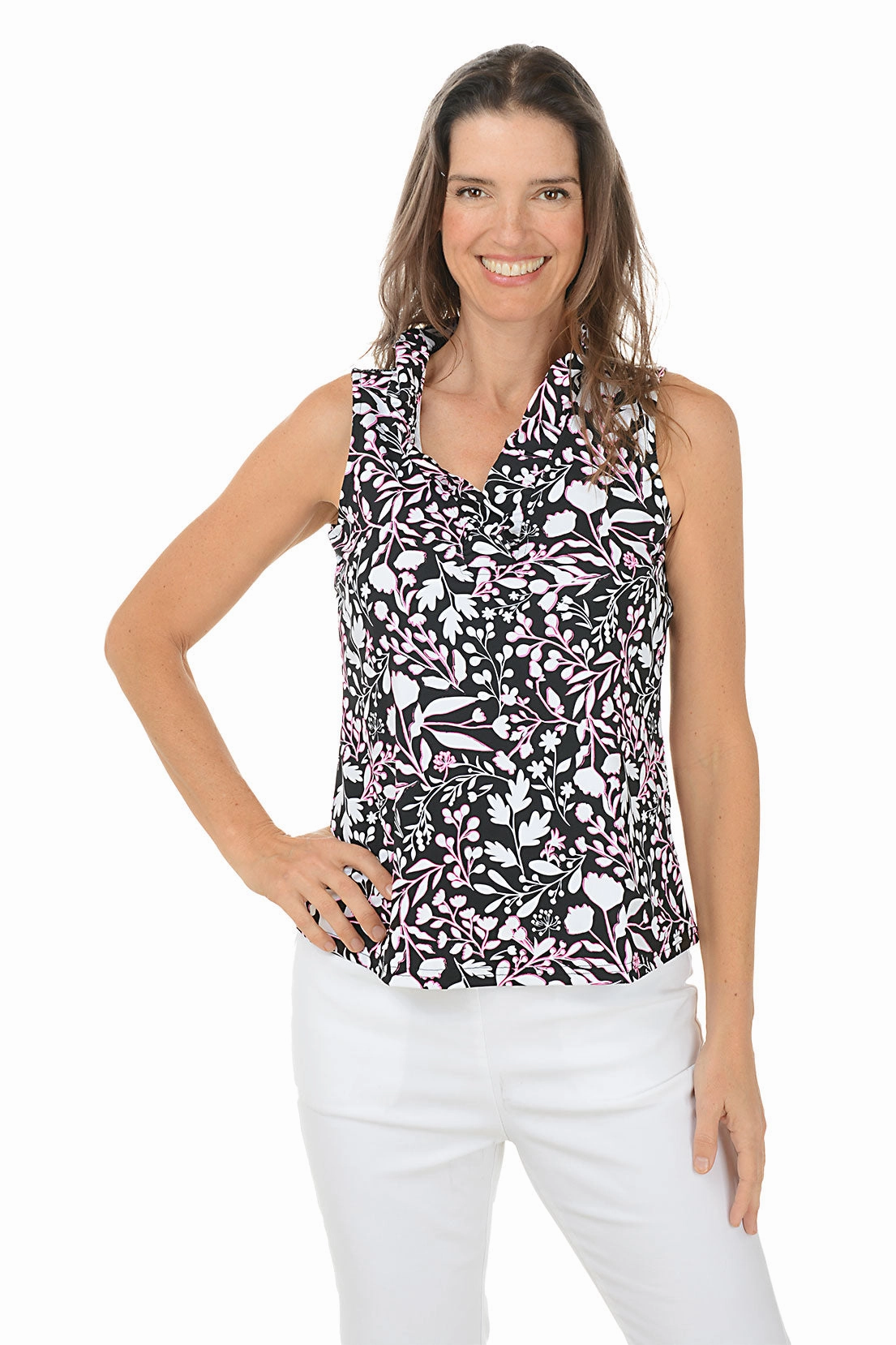 Floral Stencil UPF50  Ruffle Sleeveless Top Trendy Sweater