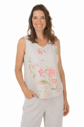 Thermal Regulation Fabric Floral Triple Button Strap Linen-Blend Tank