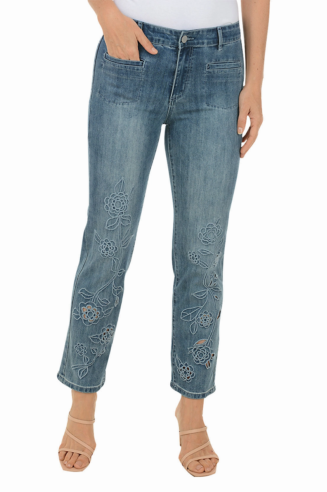 Floral Vine Denim Ankle Pant Chilly Day Wear All-Day Wear