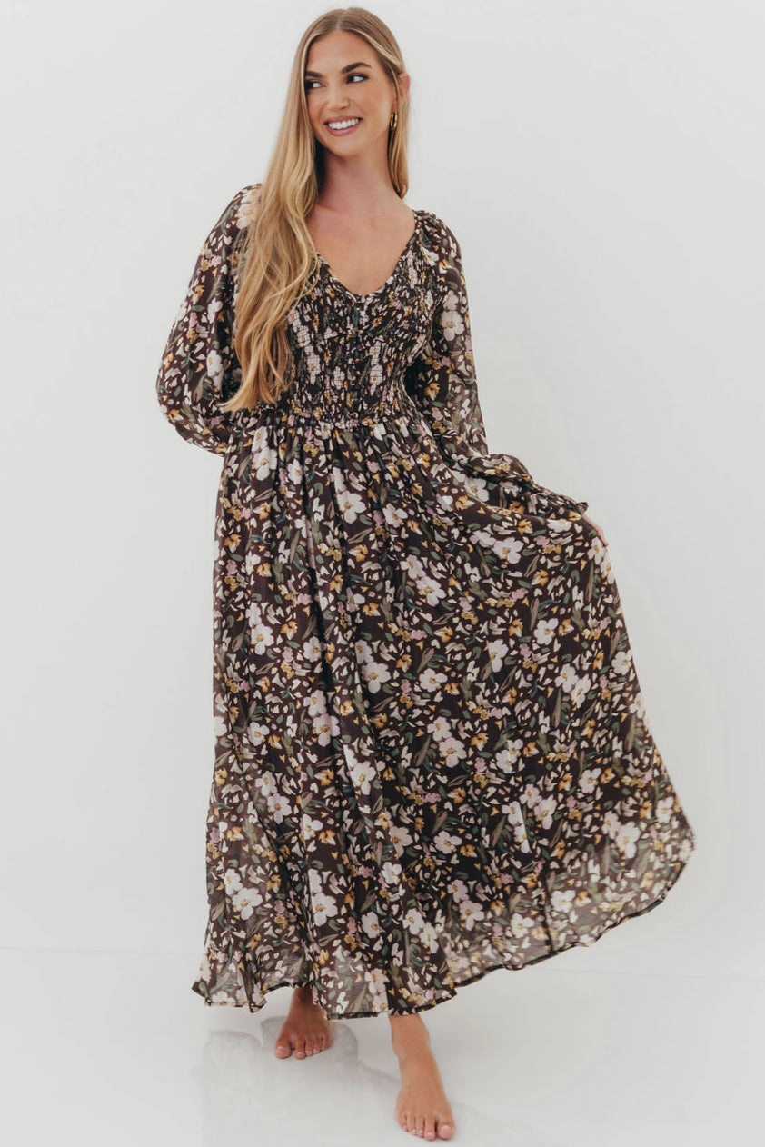 Luann Floral Maxi Dress in Mocha Mousse (No Restock) Versatile Layering