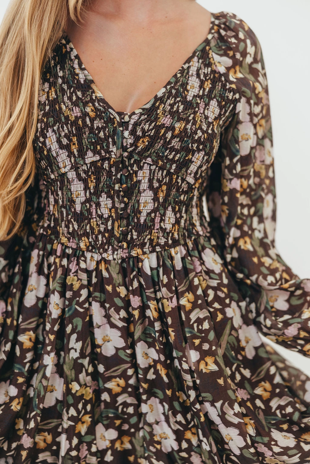 Luann Floral Maxi Dress in Mocha Mousse (No Restock) button detail