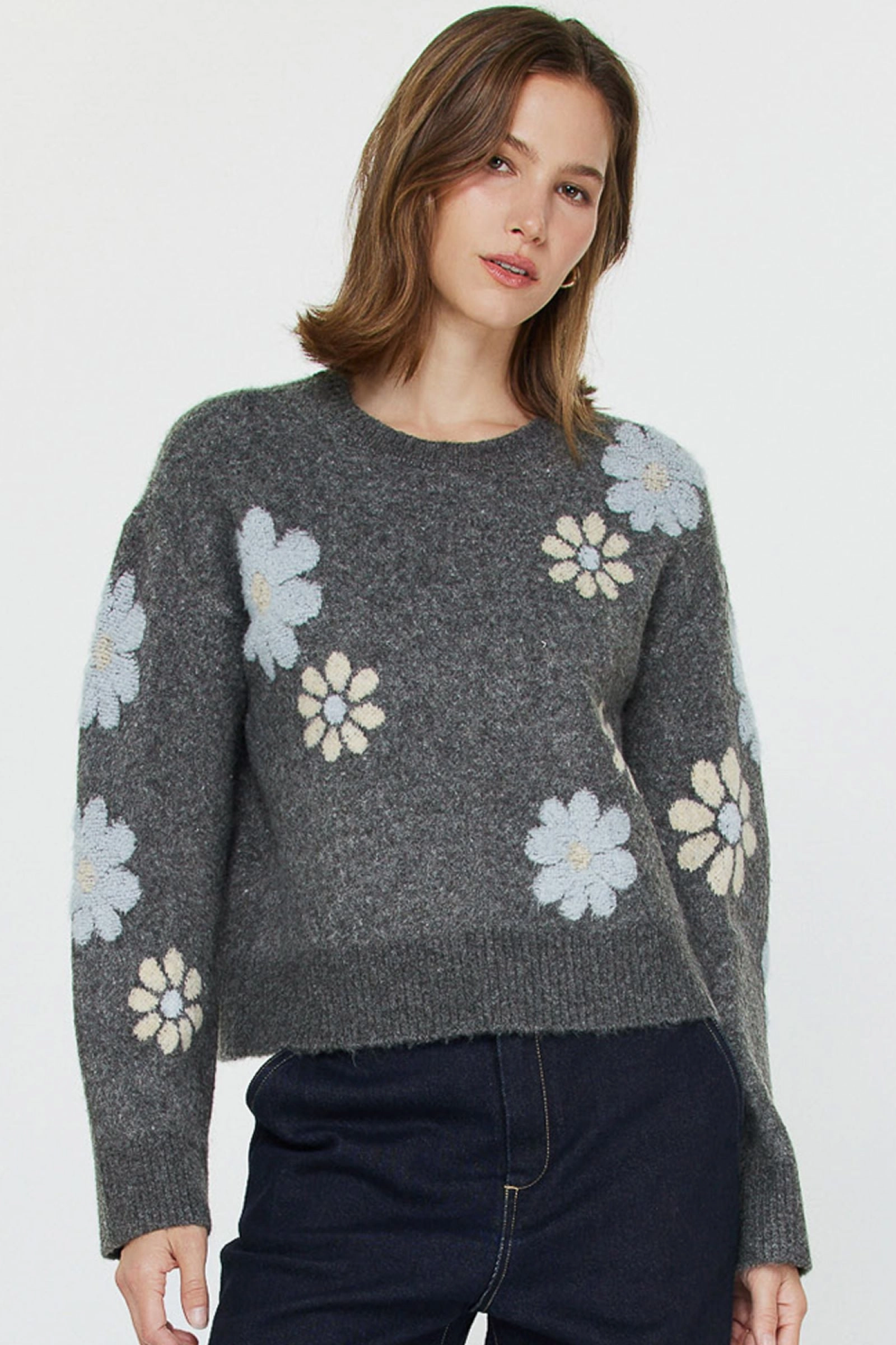 FLOWER MOTIF SWEATER Ribbed Trim Details