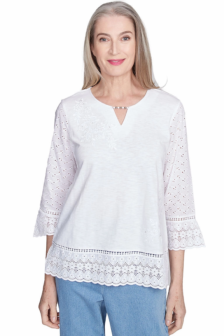 Bonded Seam Technique Resilient Elasticity Flower Power Floral Eyelet Top