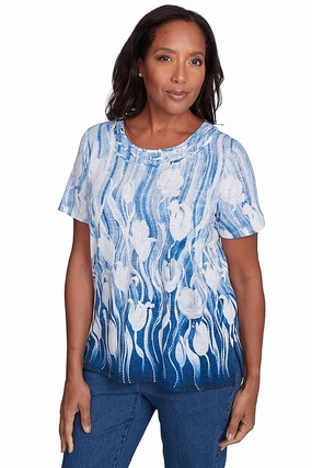 Office Look ColorfastMaterial Flower Power Tulip Knotted Neck Top