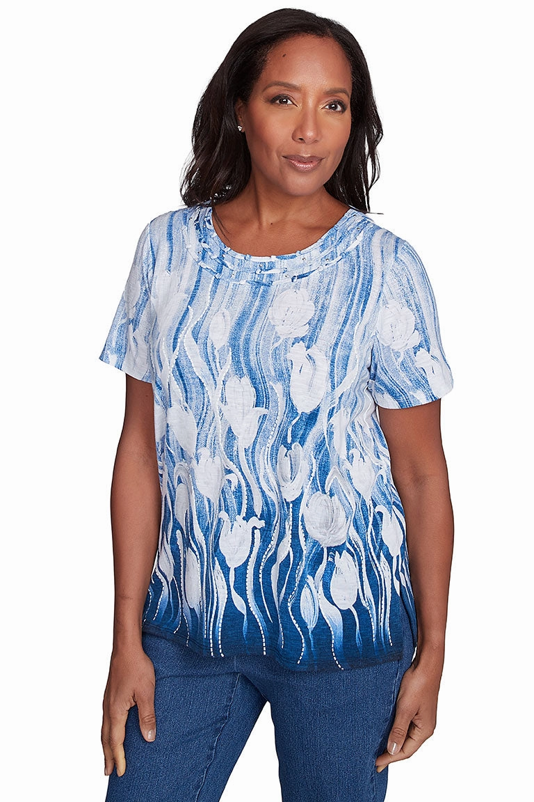 Loose cut Flower Power Tulip Knotted Neck Top