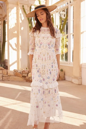 Flowerbed Embroidery Ankle Gown Lightweight Fabric Office Cool