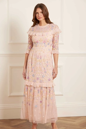 Flowerbed Embroidery Ankle Gown Layered Form Resort-Wear