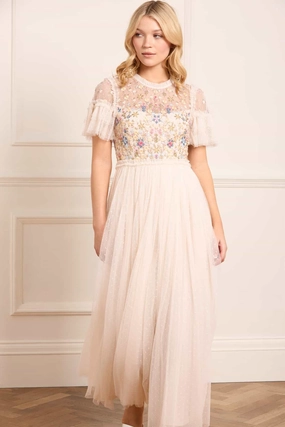 Flowerbed Embroidery Bodice Round Neck Ankle Gown Shimmer-Finish