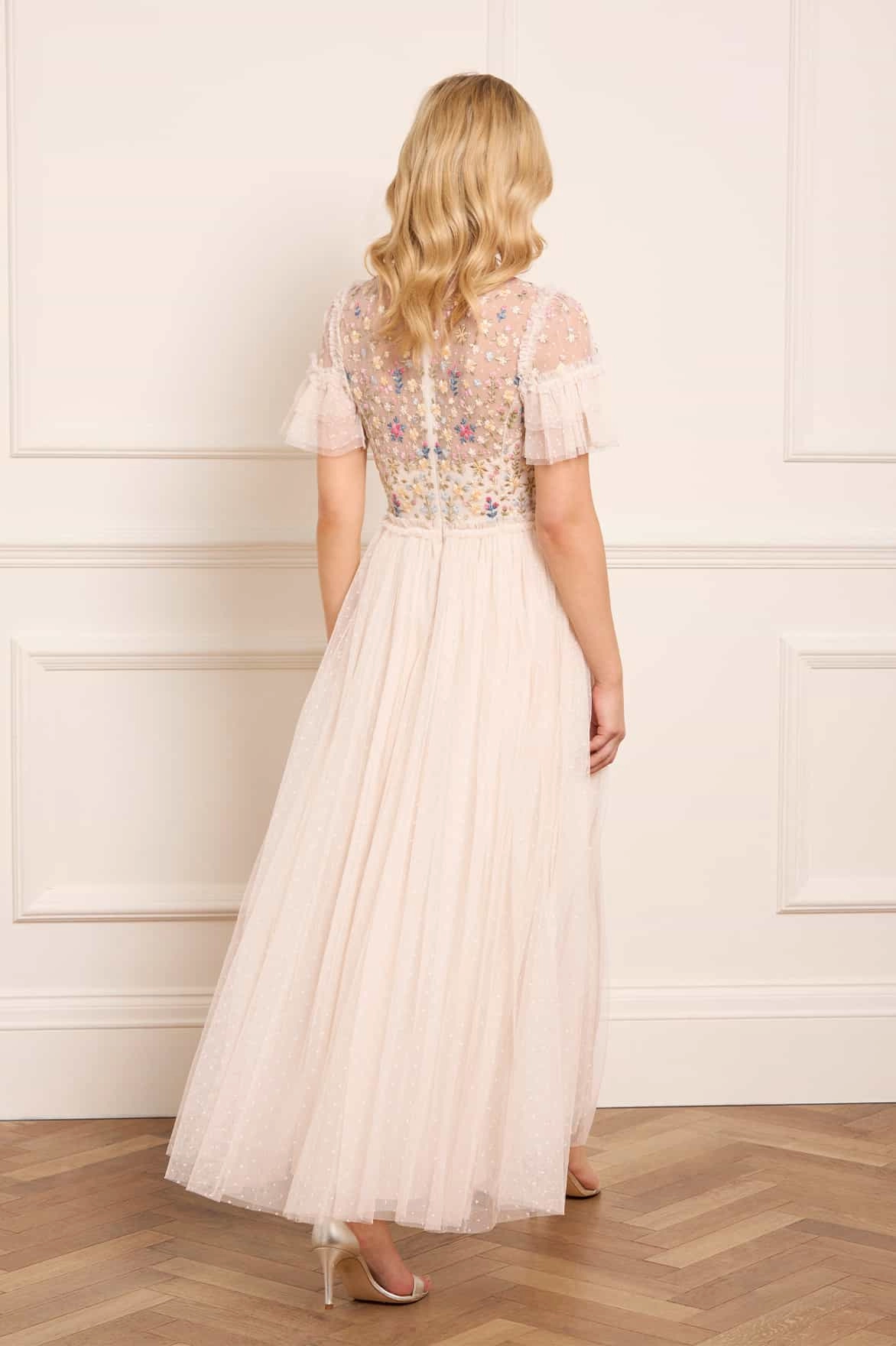 Flowerbed Embroidery Bodice Round Neck Ankle Gown Luxe style