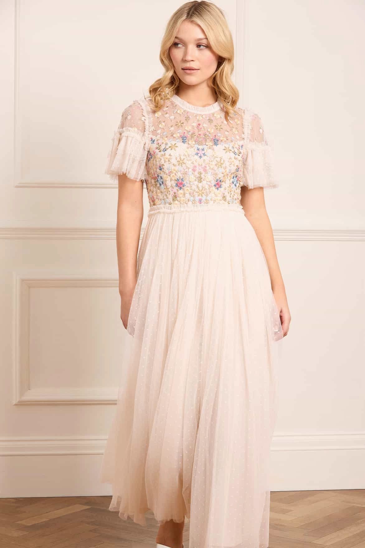 Flowerbed Embroidery Bodice Round Neck Ankle Gown Shimmer-Finish