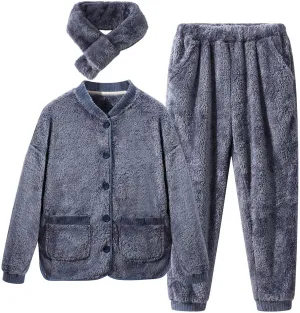 Fluffy Pajamas For Women Set Winter Warm Fleece Fuzzy Top And Pant Lounge Set 2 Piece Sherpa Sleepwear Pjs With Scarf