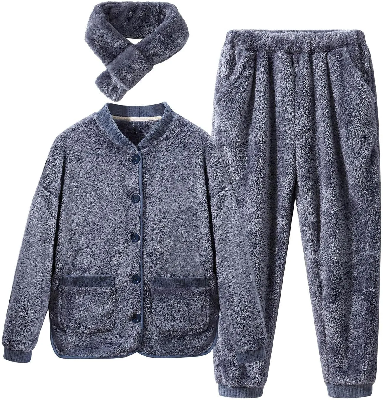 Fluffy Pajamas For Women Set Winter Warm Fleece Fuzzy Top And Pant Lounge Set 2 Piece Sherpa Sleepwear Pjs With Scarf