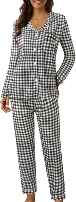 Fluffy Pajamas Set for Women Women Casual Lapel Button Plaid Print Two Long Sleeve Pajamas Pajamas Suit Lounge Sets