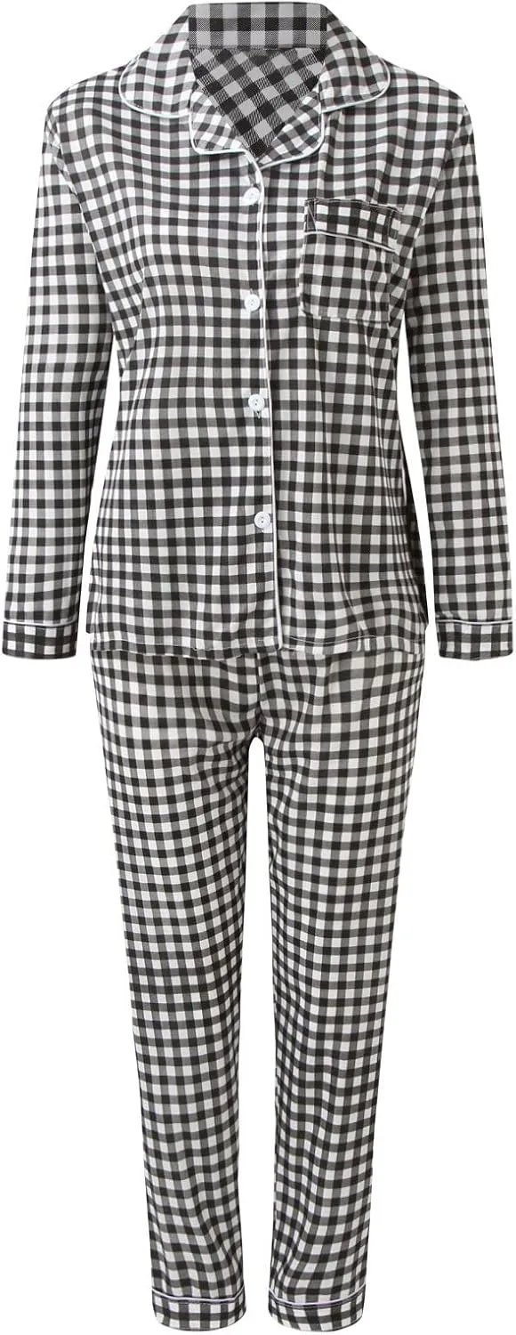 Fluffy Pajamas Set for Women Women Casual Lapel Button Plaid Print Two Long Sleeve Pajamas Pajamas Suit Lounge Sets