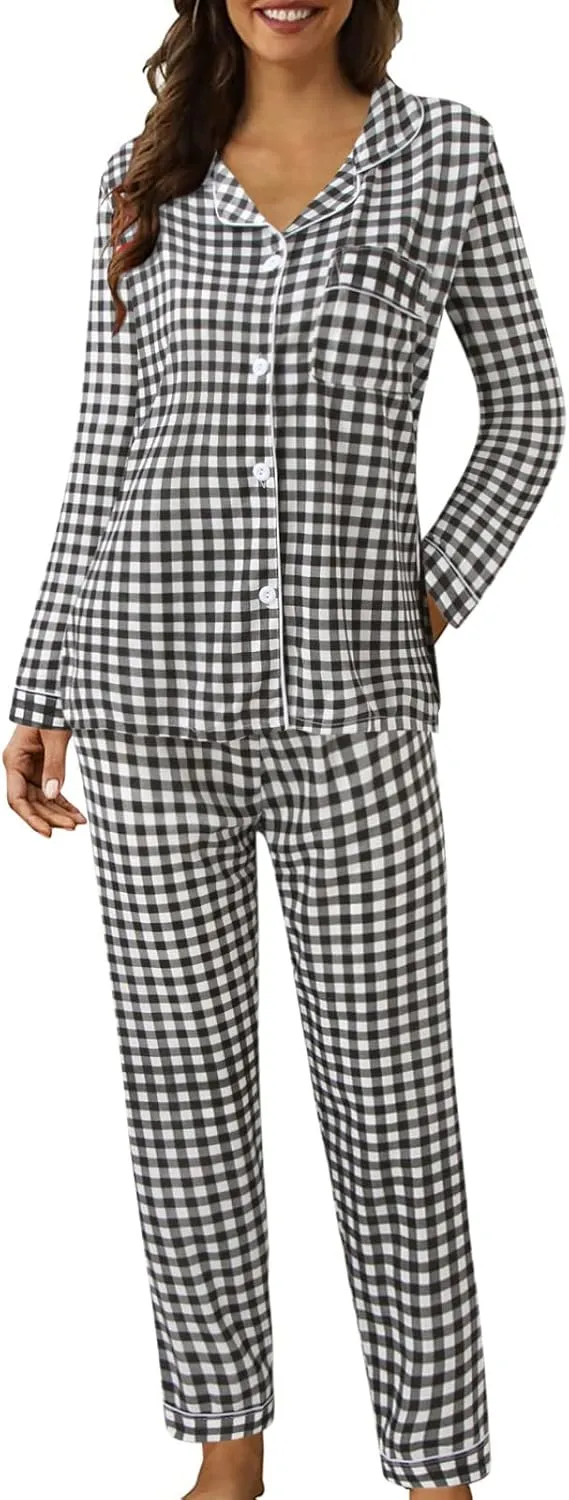 Fluffy Pajamas Set for Women Women Casual Lapel Button Plaid Print Two Long Sleeve Pajamas Pajamas Suit Lounge Sets