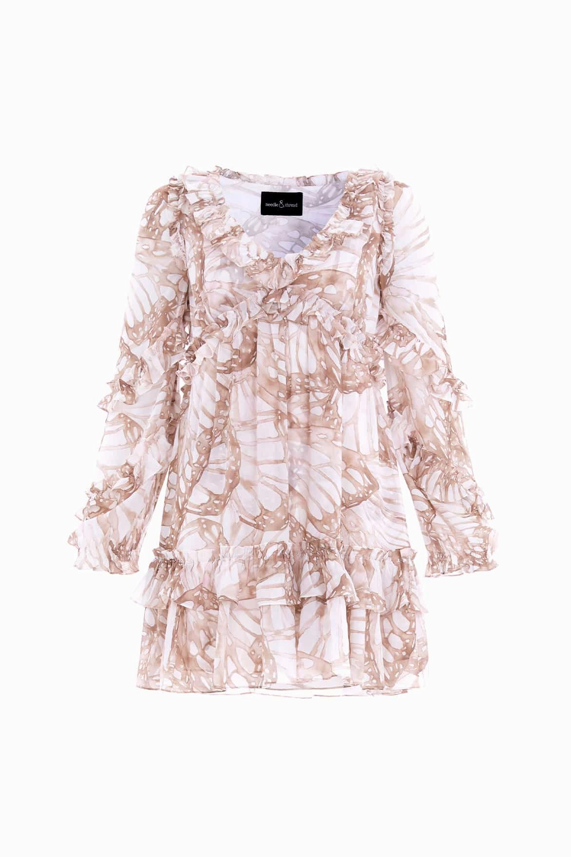 Flutter Chiffon Long Sleeve Micro Mini Dress Ruched-Detail