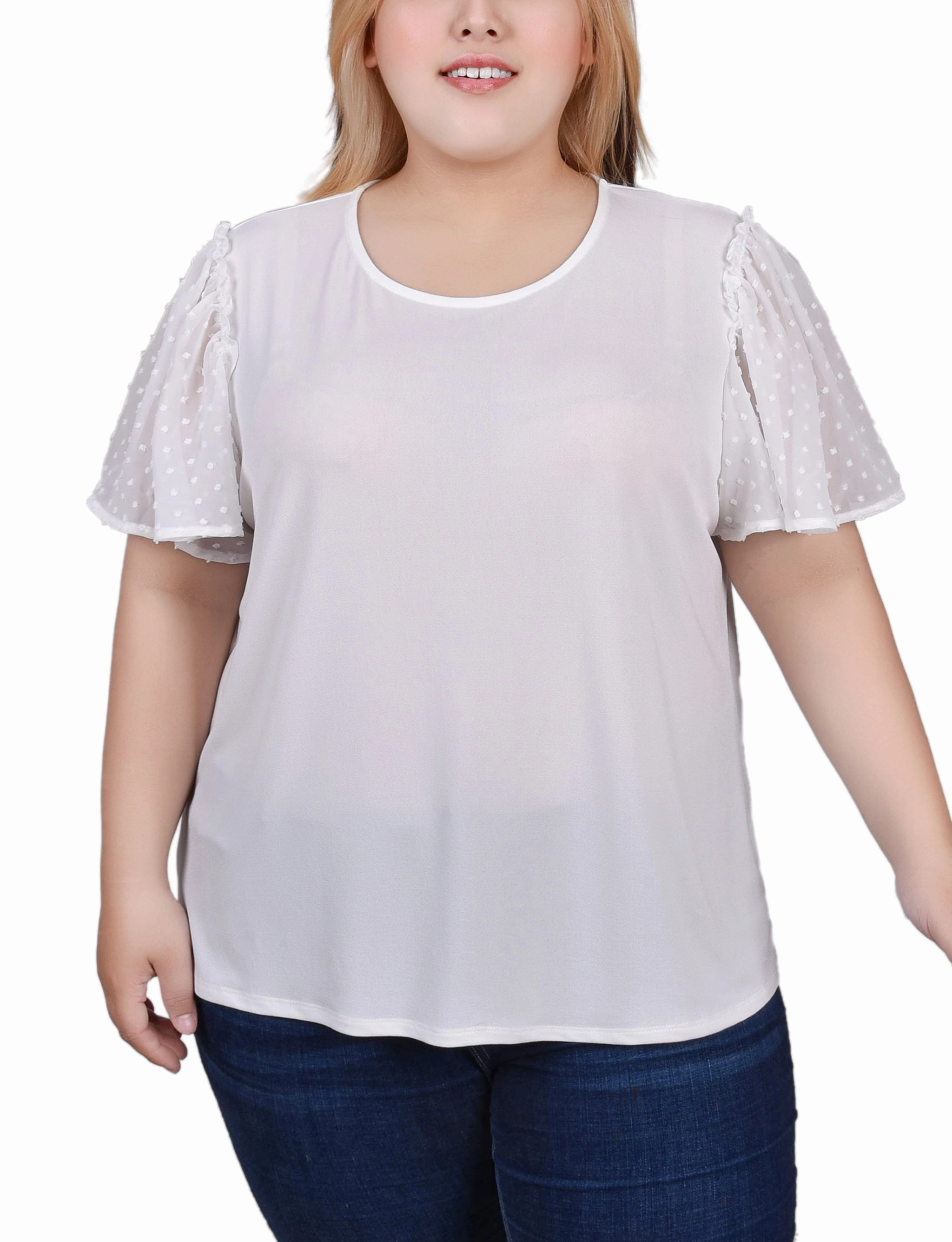Plus Size Clip Dot Flutter Sleeve Top FlexibleElasticatedEdging YarnDye Technique