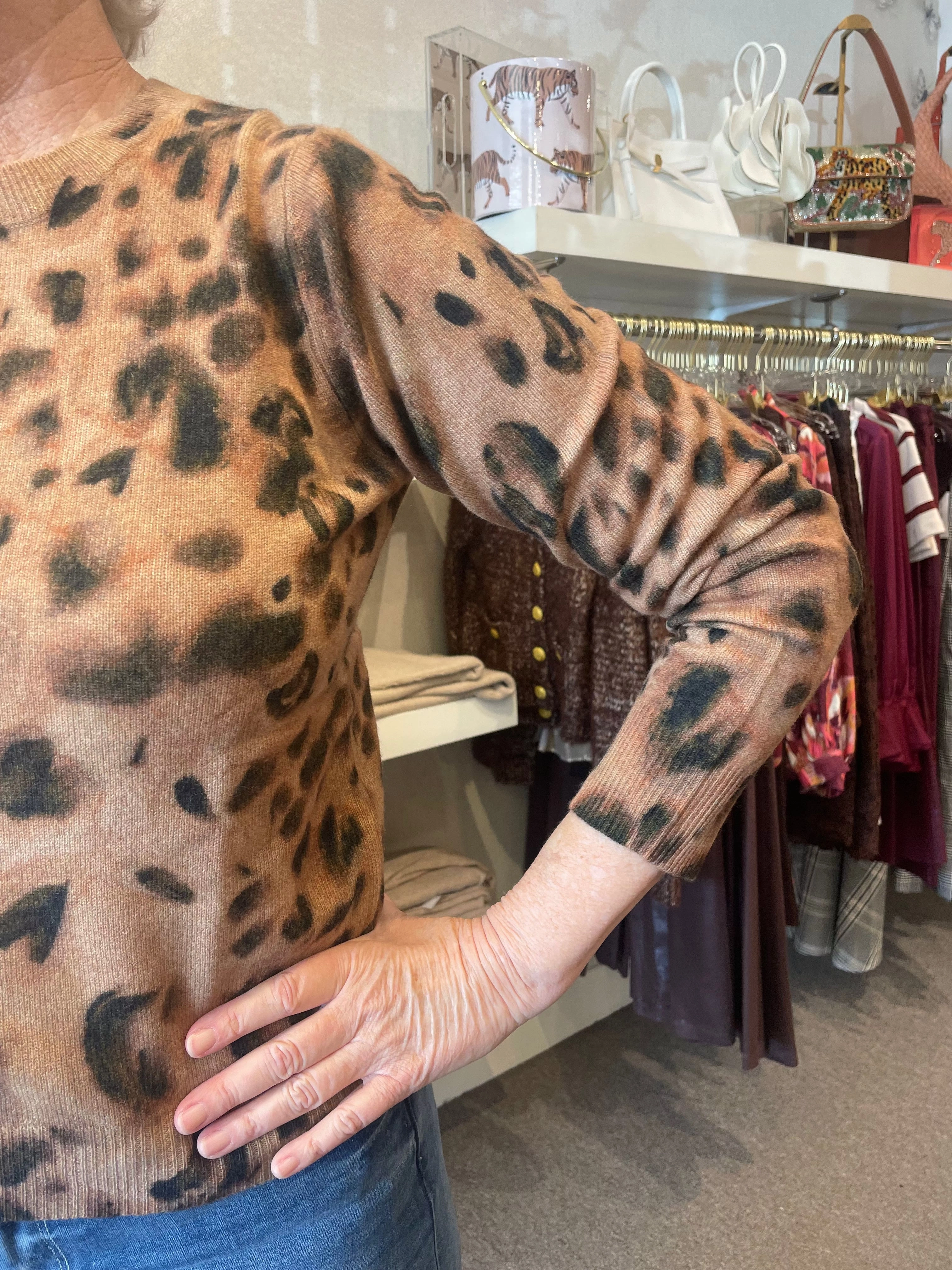 ZeroWaste Construction Stretchy Top Watercolor Print Cheetah Crew Cork Combo