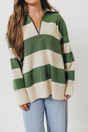 Tailored Placket HighNeckline Fontaine Pullover in Green Ivory