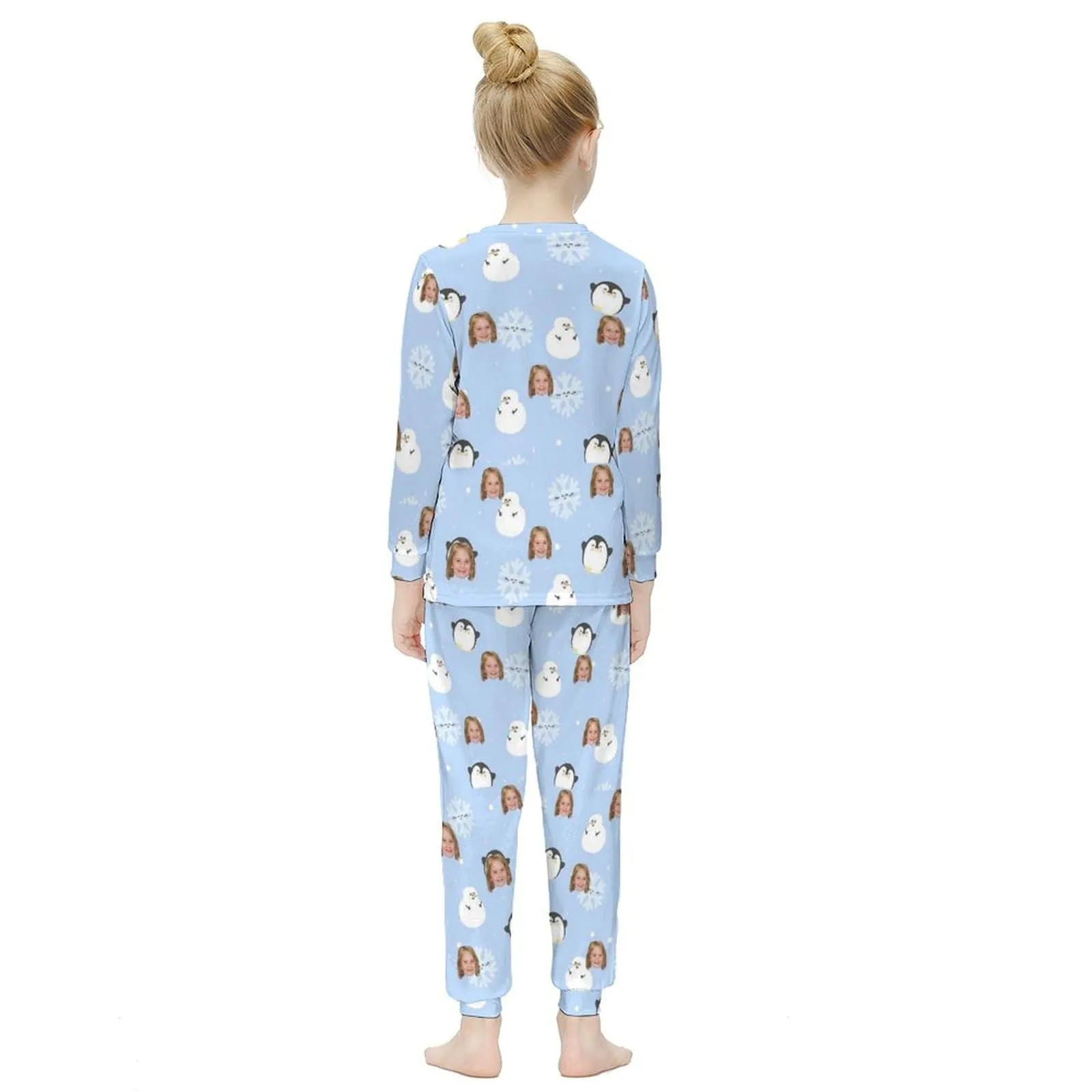 #For 6-12Y Kids Long Sleeve Pajama Set Custom Face Snowmen Snowflakes Sleep Pjs 2 Piece Nightwear