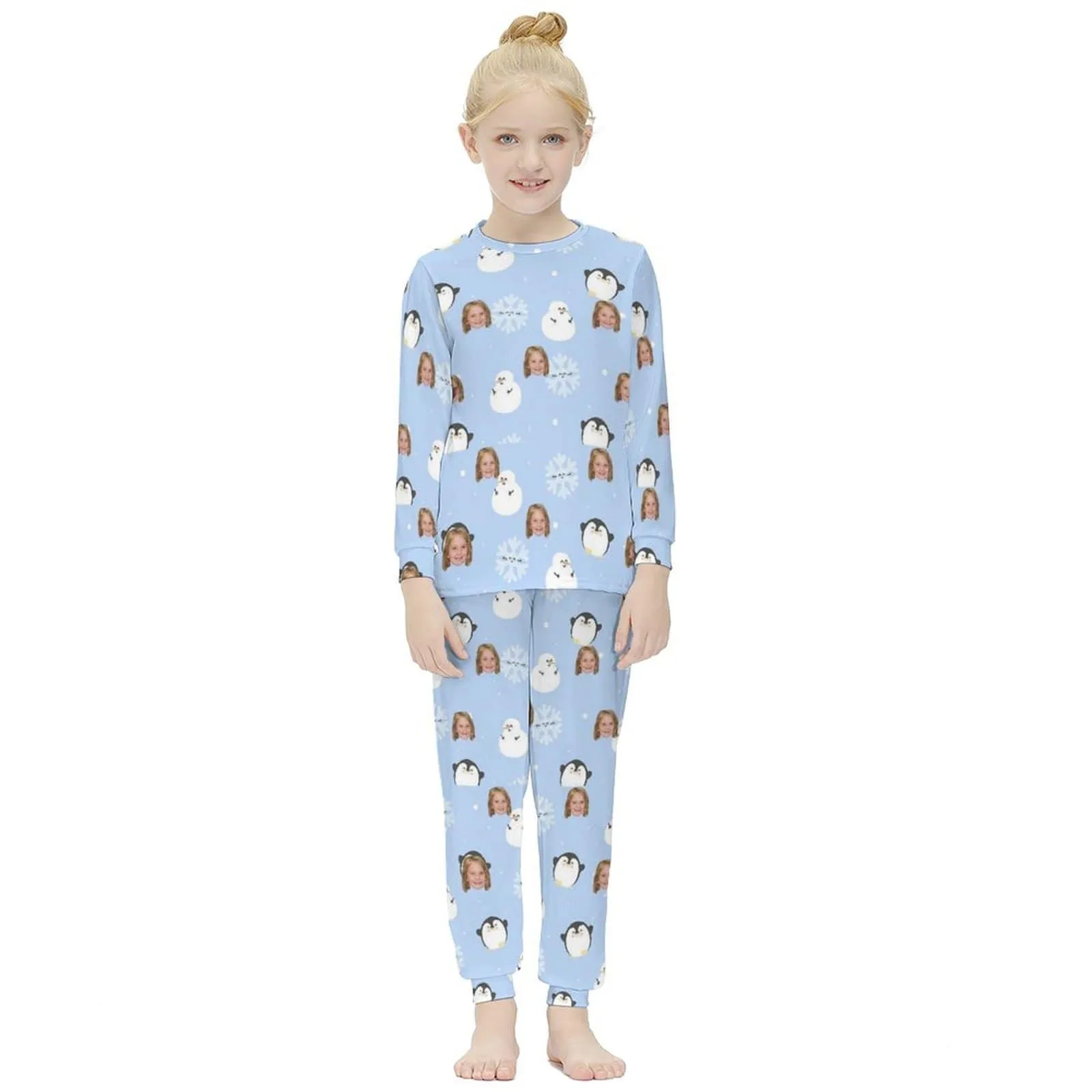 #For 6-12Y Kids Long Sleeve Pajama Set Custom Face Snowmen Snowflakes Sleep Pjs 2 Piece Nightwear