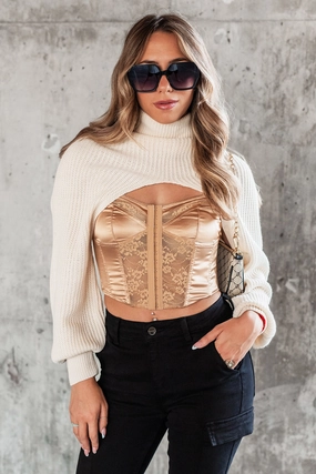 Fun Design Water Repellent Coating Forever A City Girl Turtleneck Shrug Top (Cream)