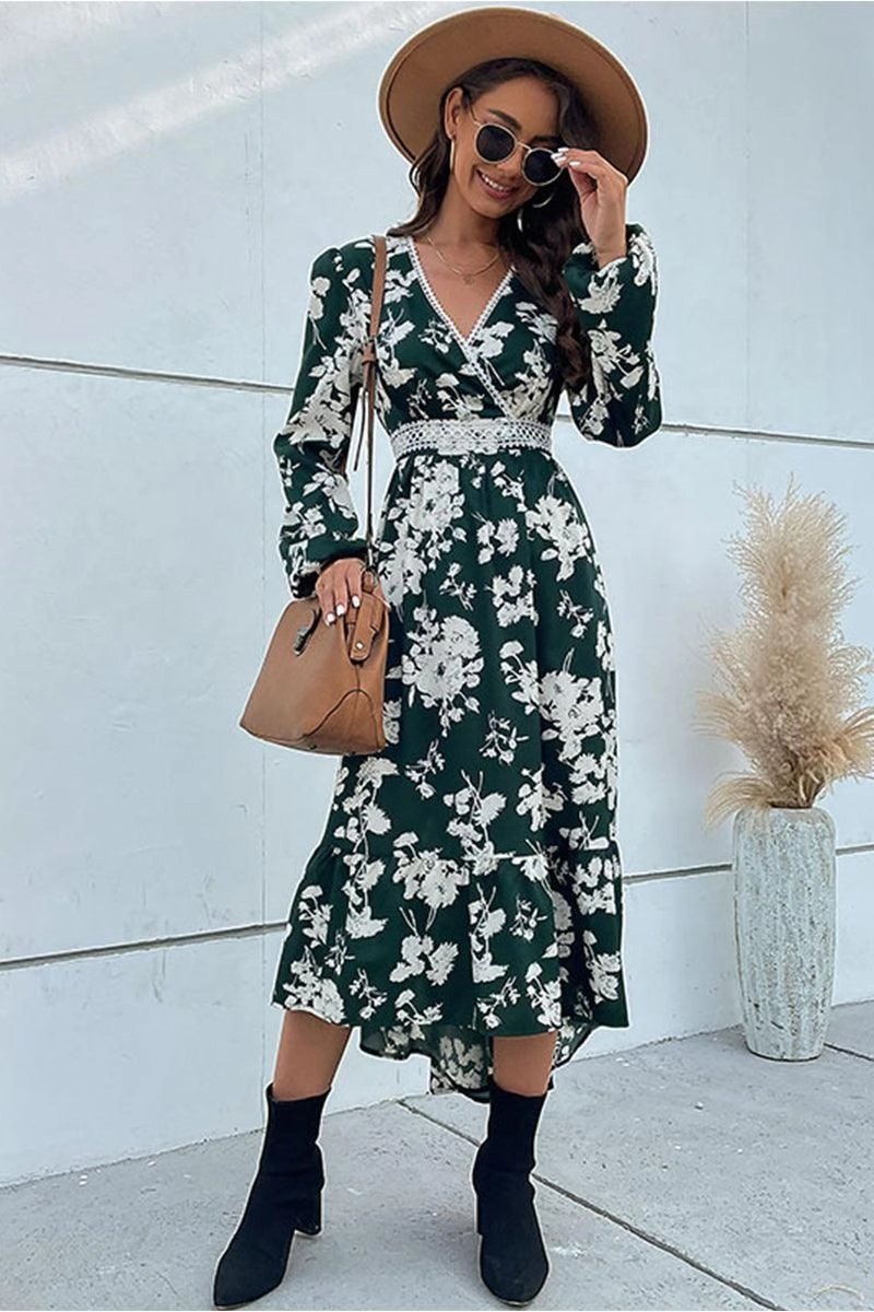 Calm Finish FLORAL PATTERN V NECK ELEGANT DRESS