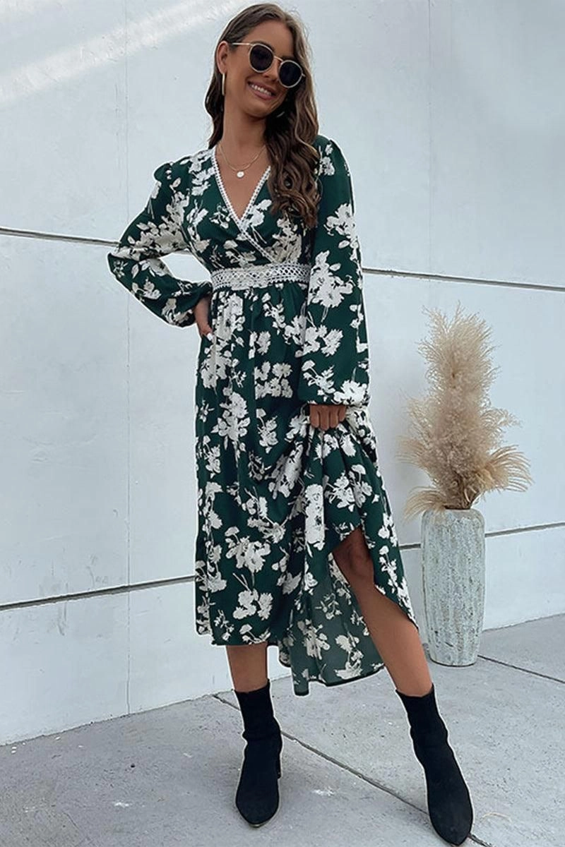 retro-style FLORAL PATTERN V NECK ELEGANT DRESS