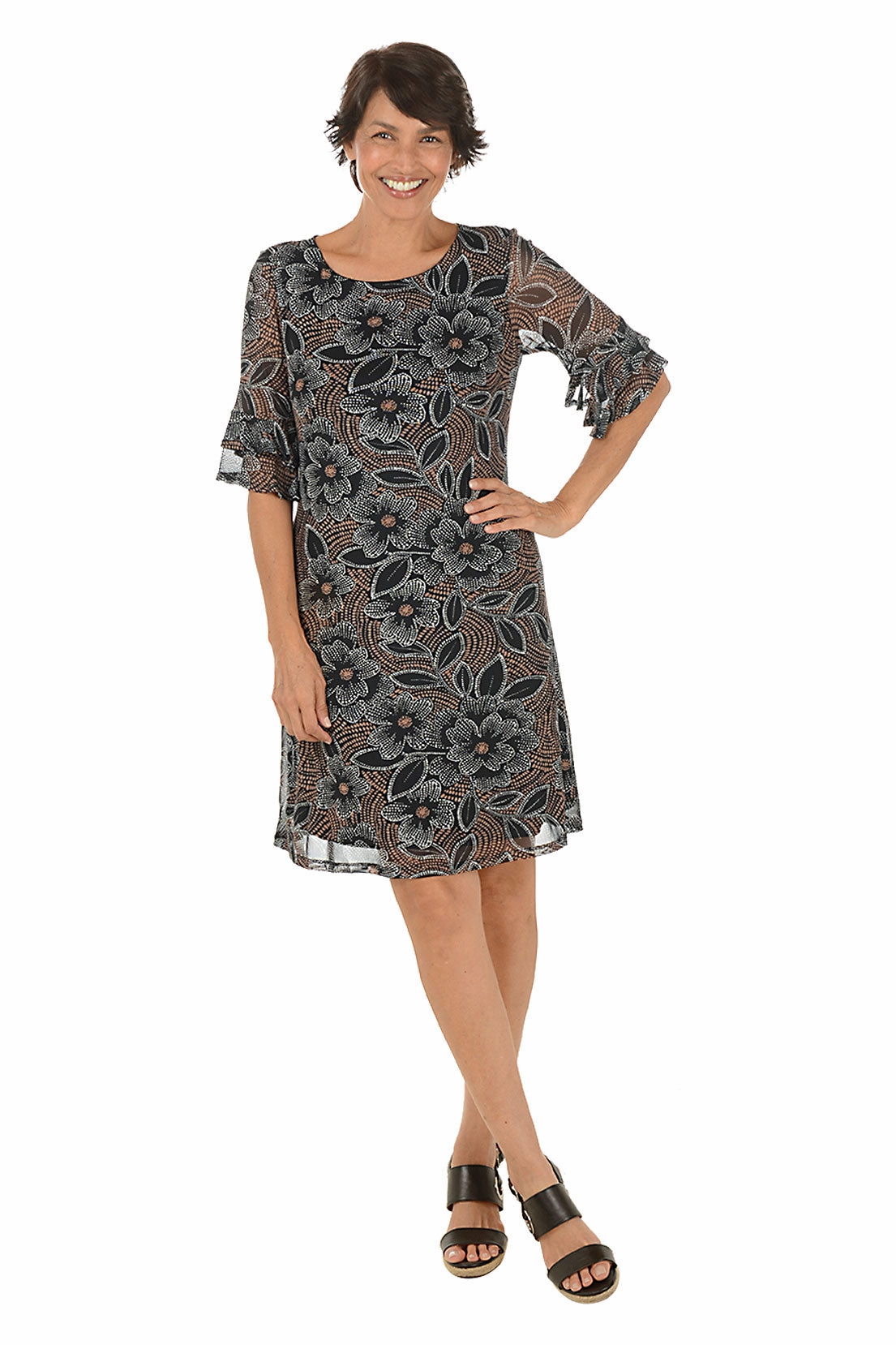 Natural Floral Mesh Ruffle Sleeve Dress Sweetheart Cut