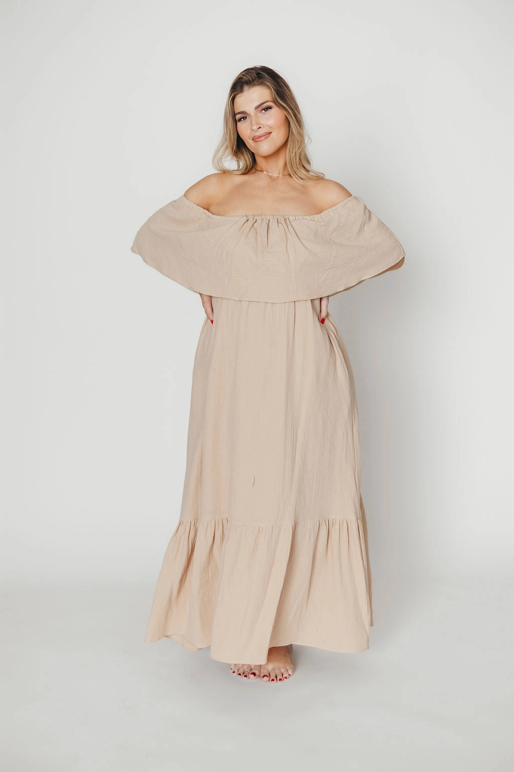 High-Fashion Spring-Season Josie 100% Cotton Maxi Dress in Beige - Bump & Nursing Friendly *Final-Sale*