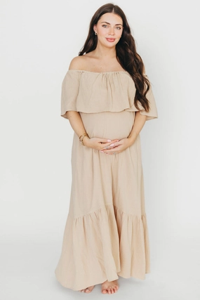 Josie 100% Cotton Maxi Dress in Beige - Bump & Nursing Friendly *Final-Sale* Square Neck Calm Flow