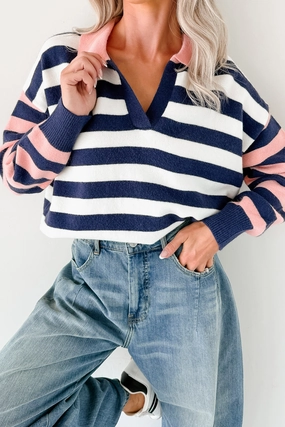 Forward Flow Striped Knit Sweater (Navy/Multi) BreathableMesh RibbedTrim