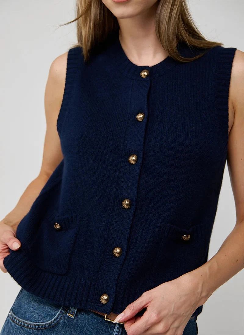 AthleticInspired Tagless Neckline Button Front Vest with Pockets Navy