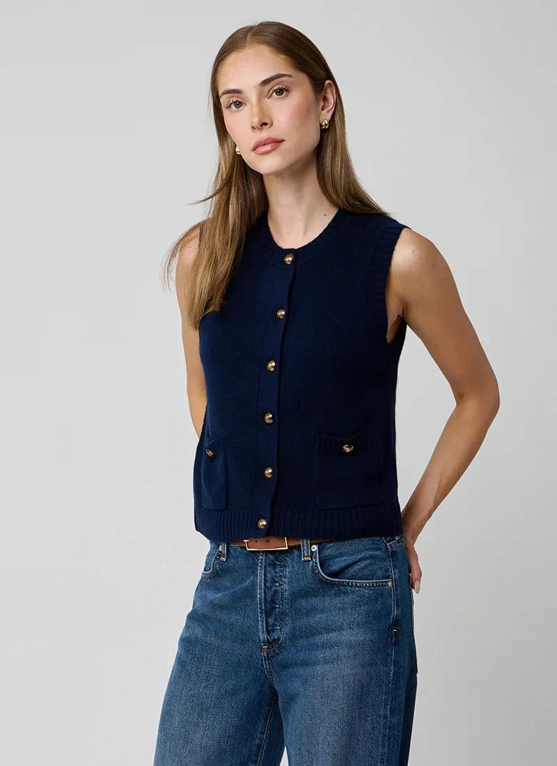 MinimalistCut Button Front Vest with Pockets Navy