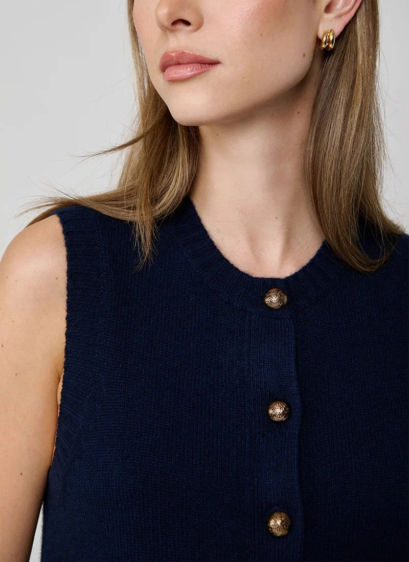 Structured Shoulder FlexibleCuff Button Front Vest with Pockets Navy