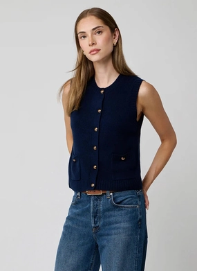 MinimalistCut Button Front Vest with Pockets Navy