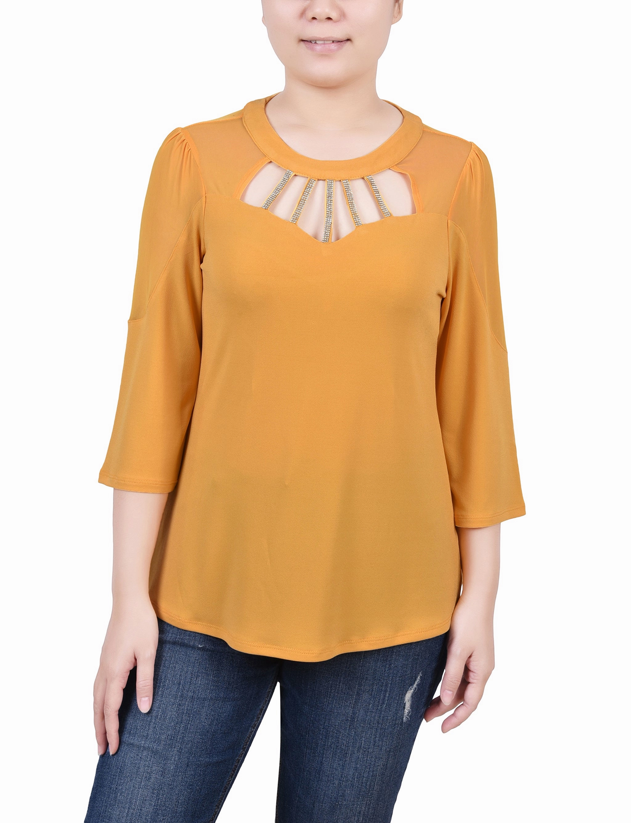 AntiPilling Technology Petite 3/4 Sleeve Top With Neckline Cutouts and Stones