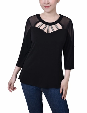 Double Layered Hem Reinforcement WrinkleResistant Cloth Petite 3/4 Sleeve Top With Neckline Cutouts and Stones