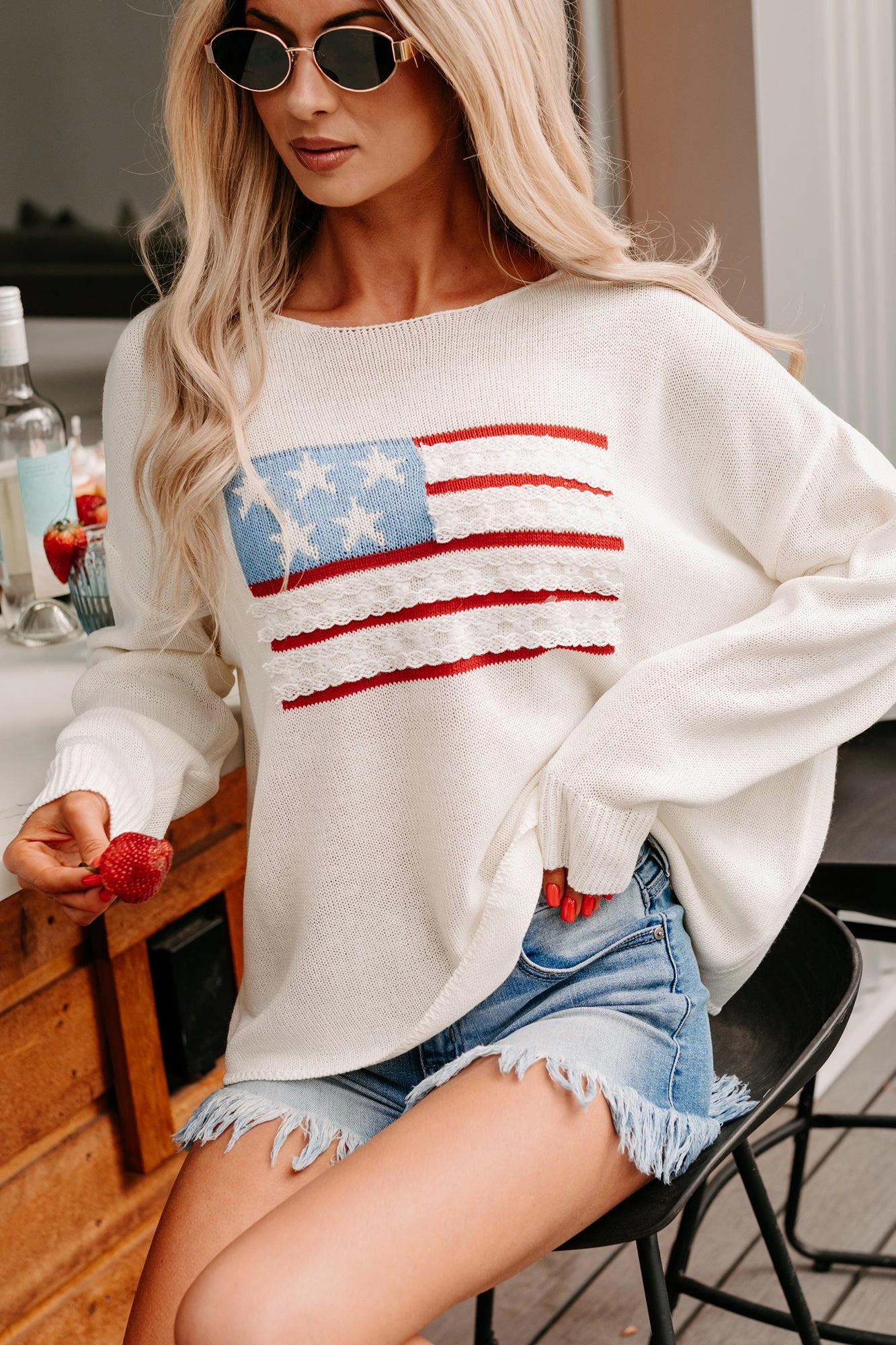 Ribbed Collar Design AntiOdor Liberty In Her Lightweight USA Sweater (Cream)
