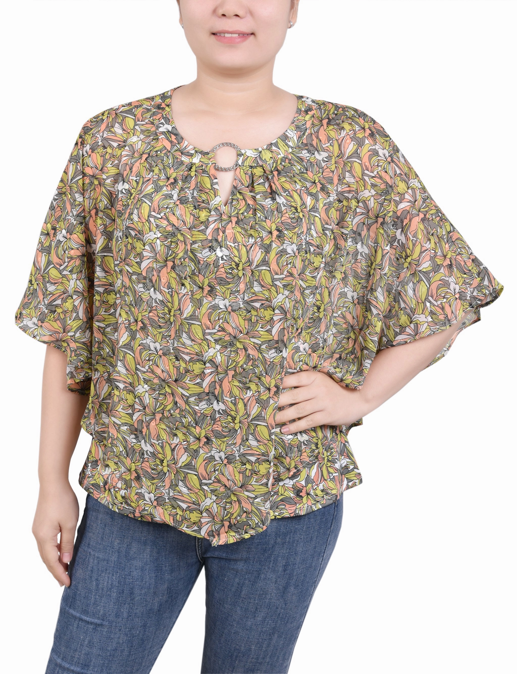 Chiffon Poncho Top With Ring Flexible Ribbing Friction Resistant Edges