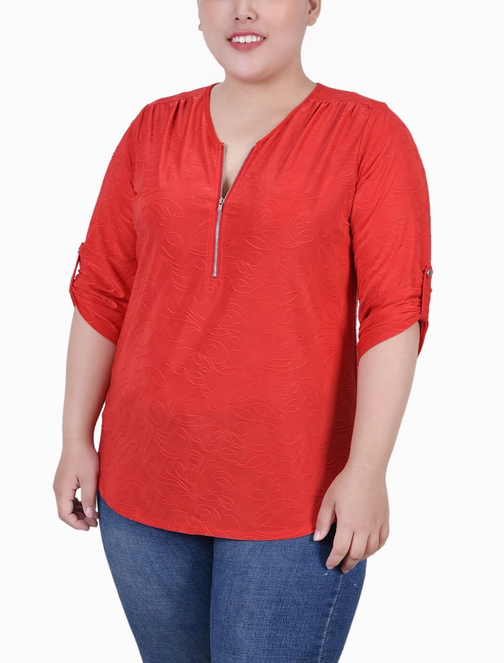 Plus Size 3/4 Roll Tab Zip Front Jacquard Knit Top Bonded Seam Durability