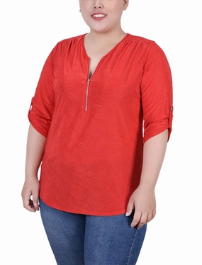 Plus Size 3/4 Roll Tab Zip Front Jacquard Knit Top SeamlessDesign