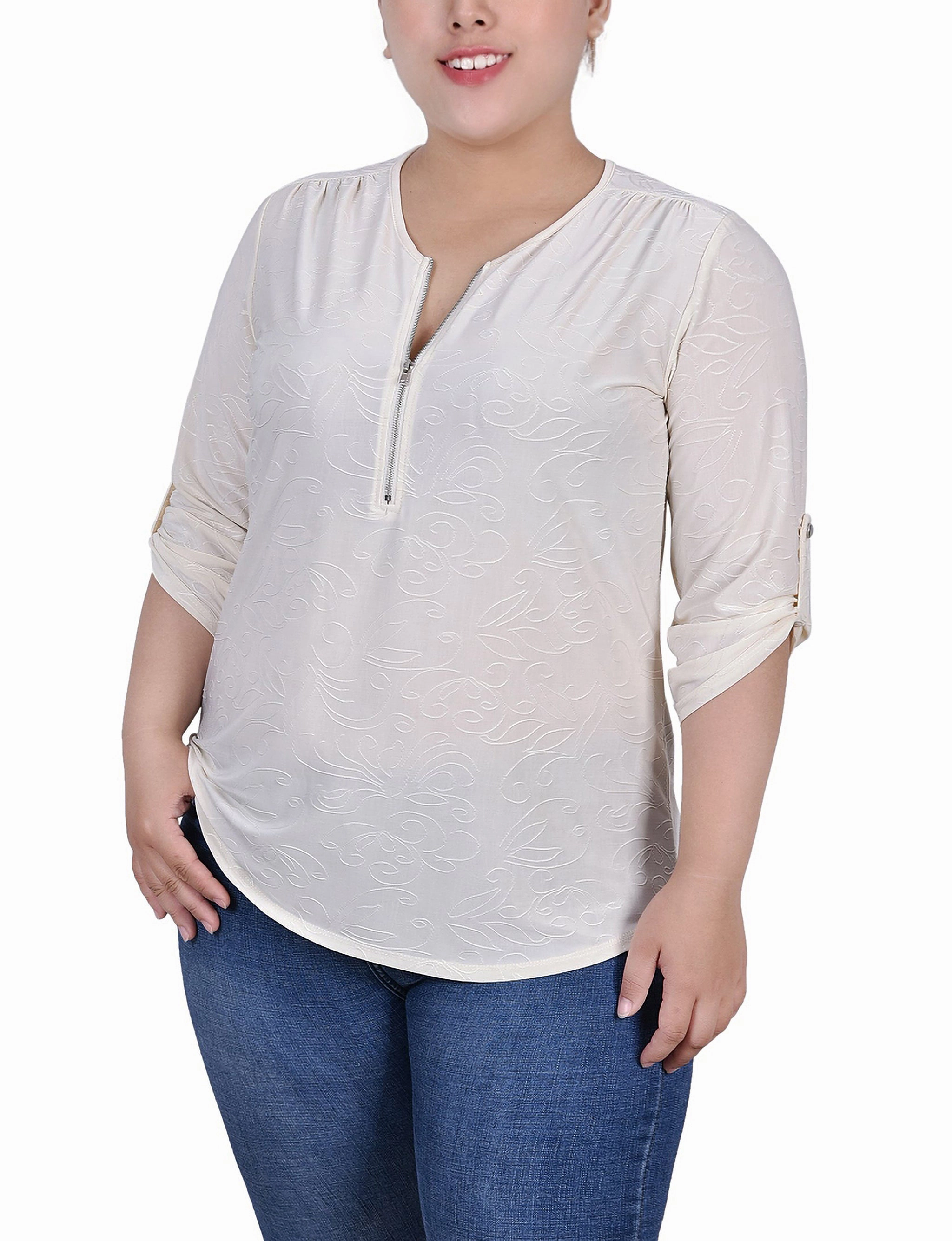 Reflective Detailing Plus Size 3/4 Roll Tab Zip Front Jacquard Knit Top
