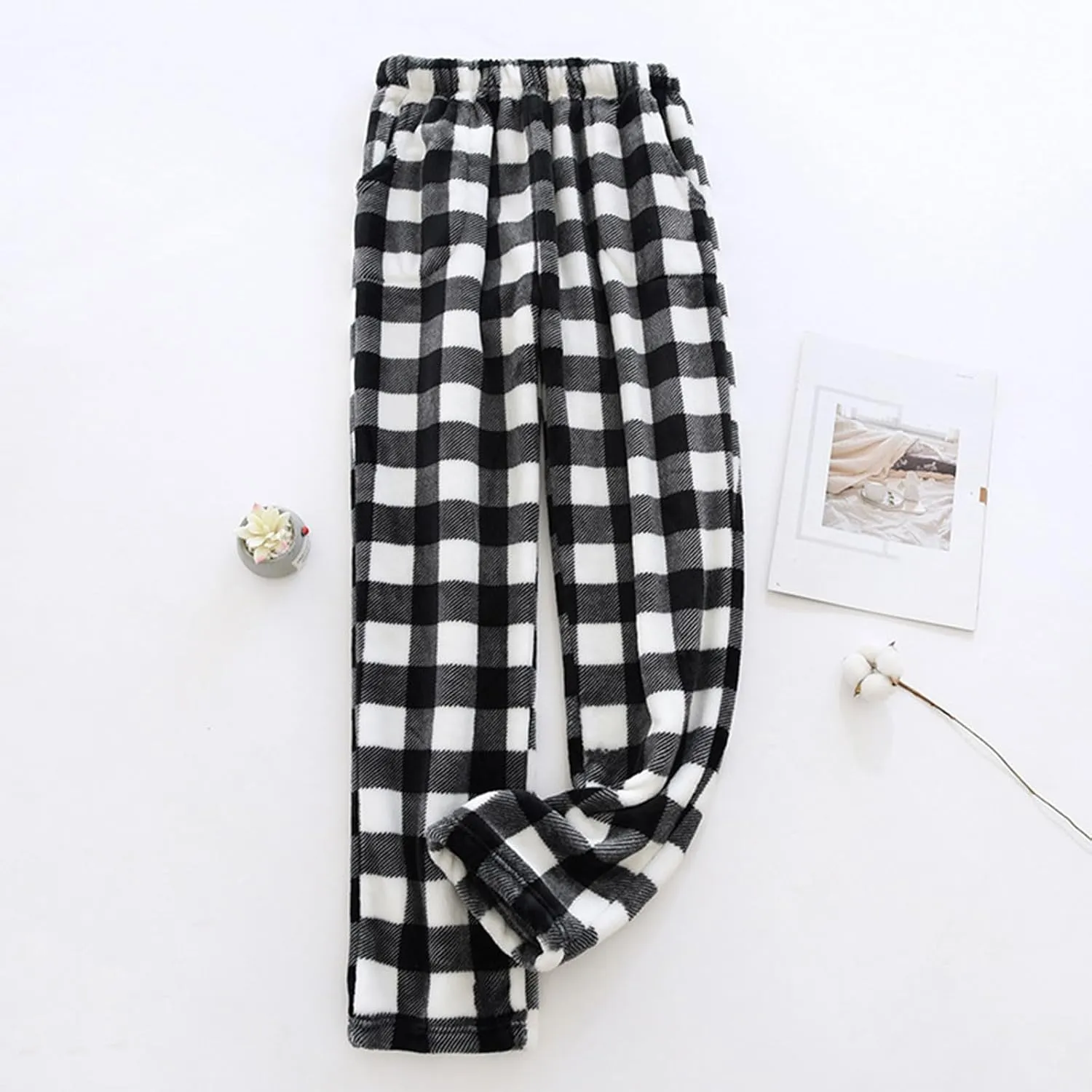 FQZWONG Pajama Pants Women Lounge Wide Leg Flannel Pants Comfy Fuzzy Pj Pants Baggy Elastic Waist Trousers Pants with Pockets