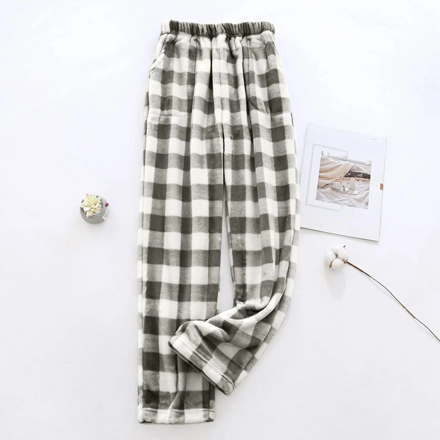 FQZWONG Pajama Pants Women Lounge Wide Leg Flannel Pants Comfy Fuzzy Pj Pants Baggy Elastic Waist Trousers Pants with Pockets