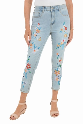 simple design Active Comfort Frangipani Embroidered Denim Crop Pant