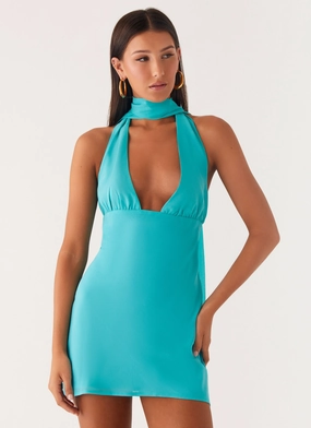 FoldablePackaging Melisande Scarf Neck Mini Dress - Aqua Blue