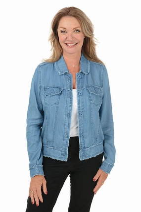 Frayed Lightweight Tencel Denim Jacket LightweightFabric RibbedTrims