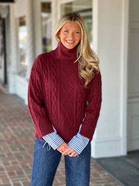 French Dressing Mix Material Cable Sweater in Scarlet Ethically Sourced Material TwoToneEffect